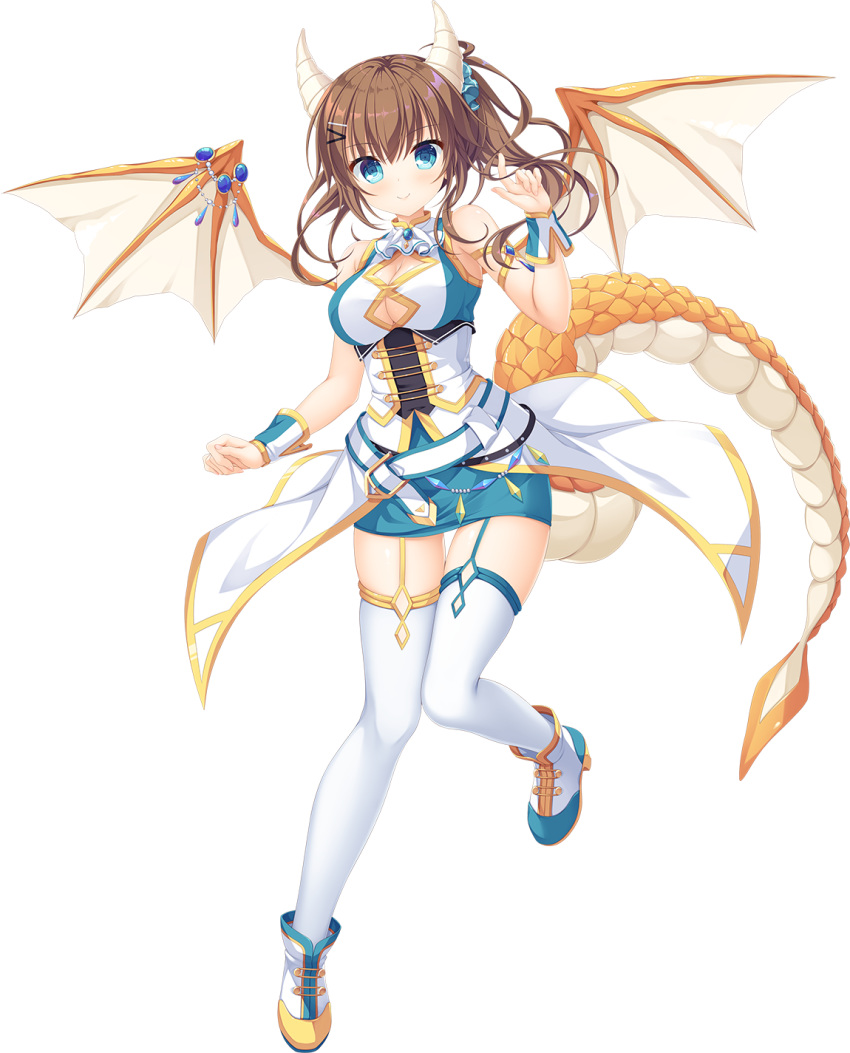 armlet ascot belt blue_eyes breasts brooch brown_hair cleavage clothing_cutout coattails dragon_girl dragon_horns dragon_tail dragon_wings drapri_guu-ta-life female full_body garter_straps hair_ornament hairclip highres horns ichinose_suzuka jewelry large_breasts long_hair looking_at_viewer official_art side_ponytail smile solo tail takano_yuki_(allegro_mistic) thighhighs transparent_background white_thighhighs wings wrist_cuffs