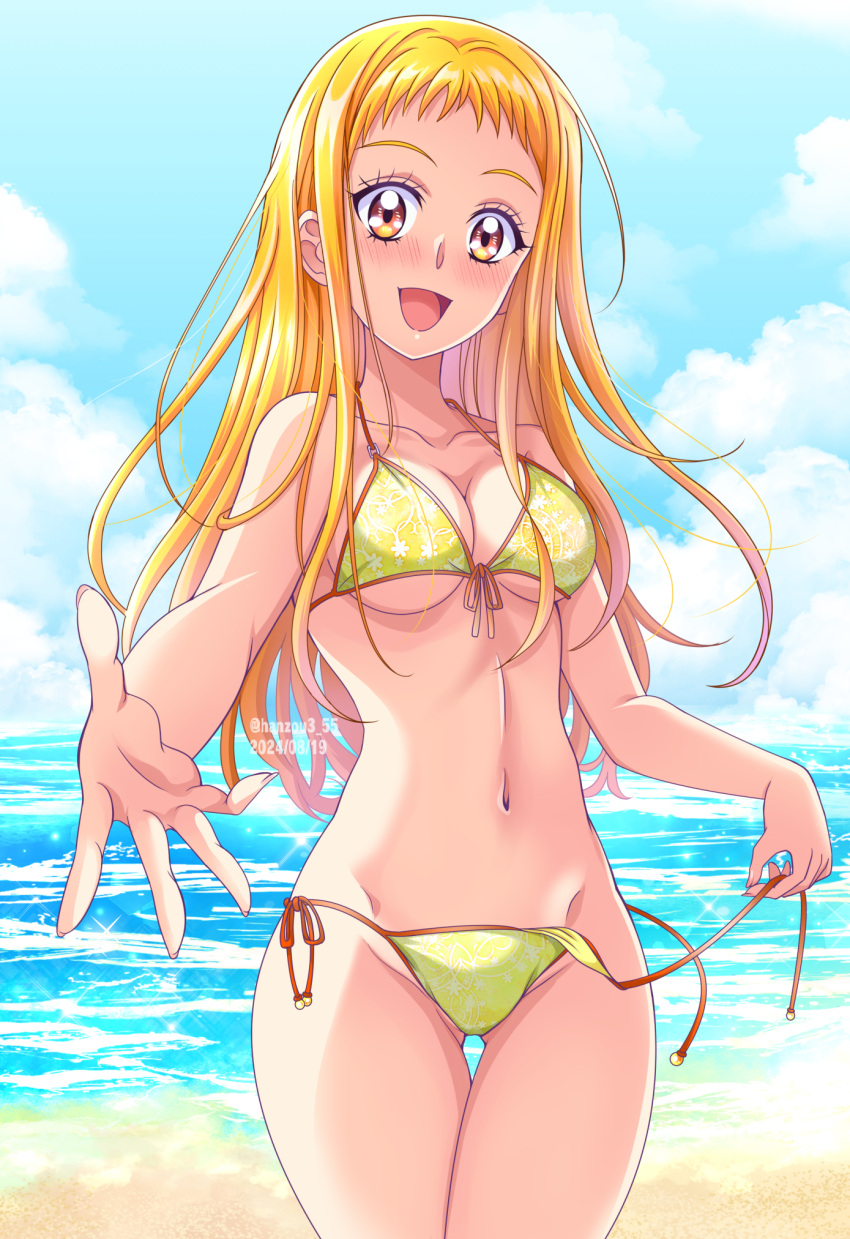 ass_visible_through_thighs beach bikini blonde_hair blue_sky breasts cloud commentary_request day female foreshortening front-tie_bikini_top front-tie_top hanzou highres horizon kasugano_urara_(yes!_precure_5) kibou_no_chikara_~otona_precure_'23~ long_hair medium_breasts ocean outdoors precure side-tie_bikini_bottom sky smile solo swimsuit thigh_gap untied_bikini yellow_bikini yellow_eyes yes!_precure_5