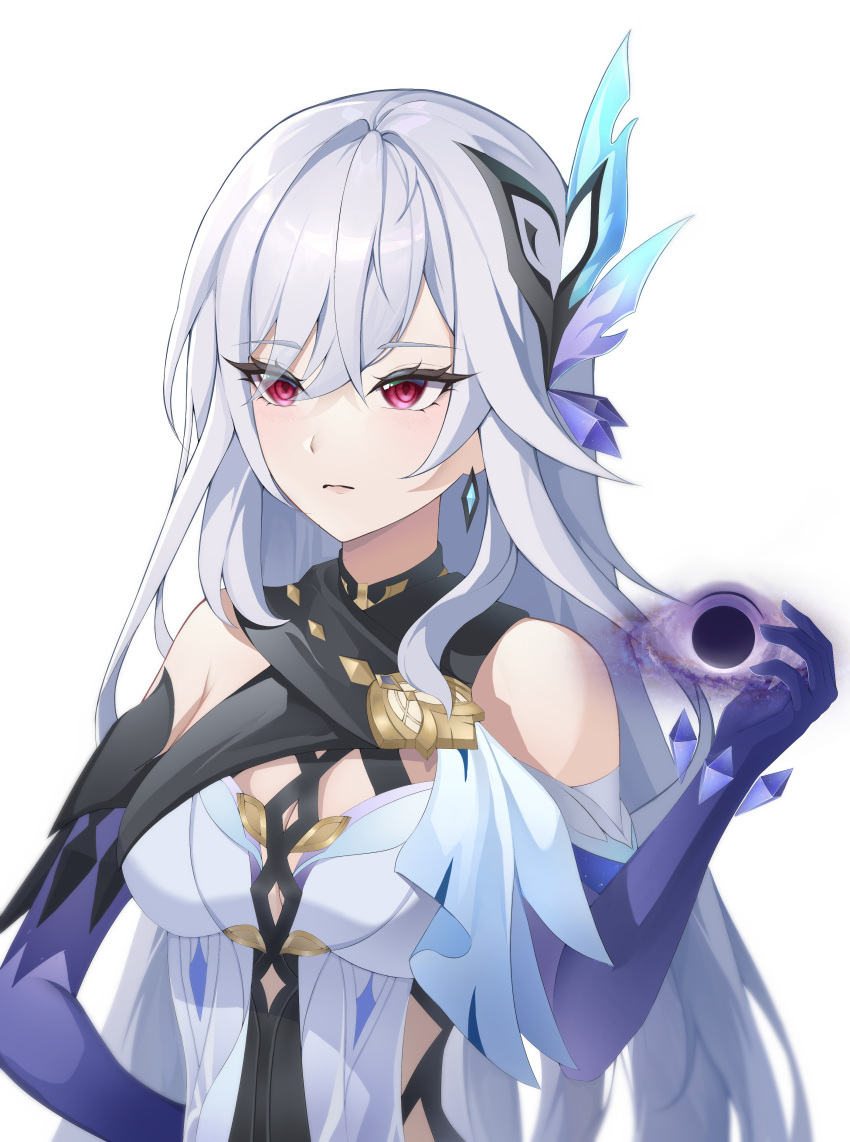 absurdres bare_shoulders breasts commentary earrings female genshin_impact grey_hair hair_ornament hand_up highres jewelry langsae long_hair medium_breasts purple_eyes simple_background skirk_(genshin_impact) solo upper_body very_long_hair white_background