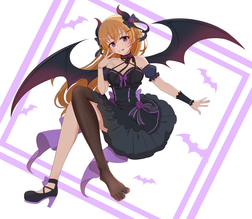 :p absurdres bat_background bat_wings black_dress breasts brown_hair cleavage closed_mouth collarbone commentary demon_girl demon_horns demon_wings detached_sleeves dress female flower full_body hair_flower hair_ornament hashtag-only_commentary high_heels highres horns hshikaco konoe_kanata large_breasts long_hair love_live! love_live!_nijigasaki_high_school_idol_club official_alternate_costume puffy_short_sleeves puffy_sleeves purple_eyes purple_flower shoes short_sleeves single_leg_pantyhose single_shoe sleeveless sleeveless_dress smile solo split_mouth tongue tongue_out very_long_hair white_background wings