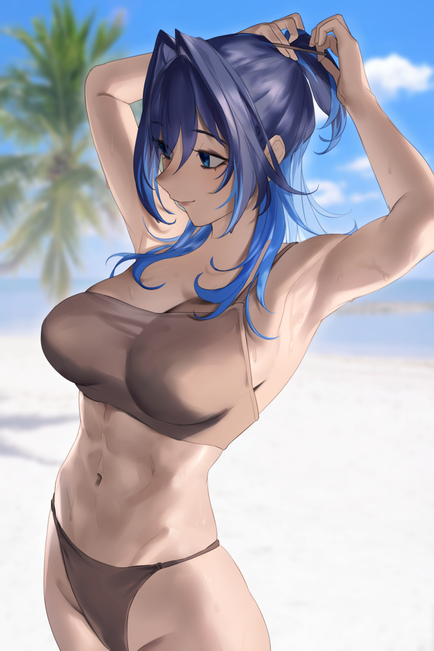 abs absurdres alternate_costume aragiken bikini black_hair blue_eyes blue_hair blurry blurry_background blush breasts brown_bikini cleavage closed_mouth day female hair_between_eyes hair_intakes high_ponytail highres hololive hololive_english large_breasts long_hair looking_at_viewer medium_hair multicolored_hair navel ouro_kronii outdoors palm_tree ponytail sidelocks single_strap smile solo standing swimsuit tree tying_hair virtual_youtuber wet wolf_cut