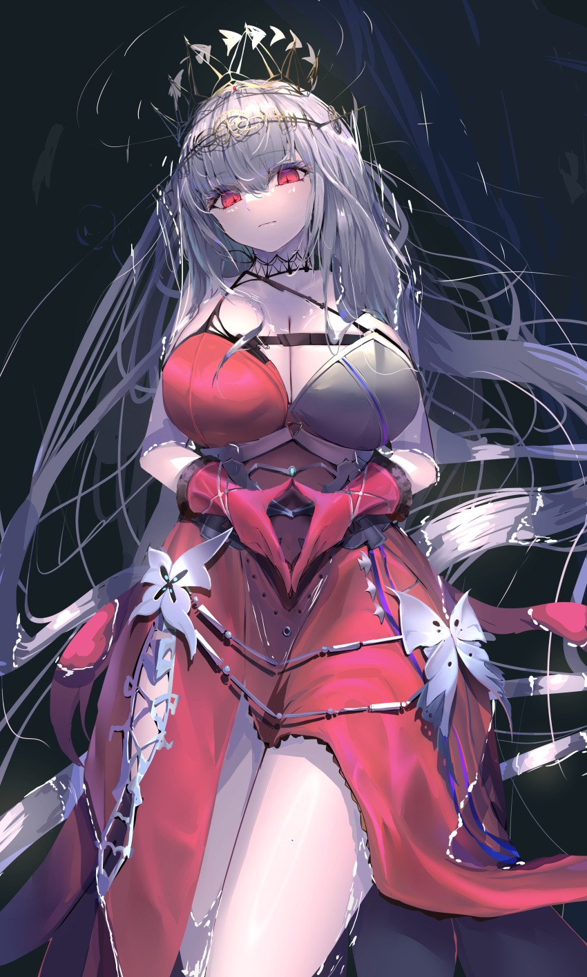 absurdres arknights bare_shoulders breasts cleavage dress feet_out_of_frame female gloves grey_hair hair_between_eyes hair_ornament highres large_breasts long_hair looking_at_viewer lycoris-fullbloom own_hands_together red_dress red_eyes red_gloves skadi_(arknights) skadi_the_corrupting_heart_(arknights) skadi_the_corrupting_heart_(red_countress)_(arknights) solo very_long_hair