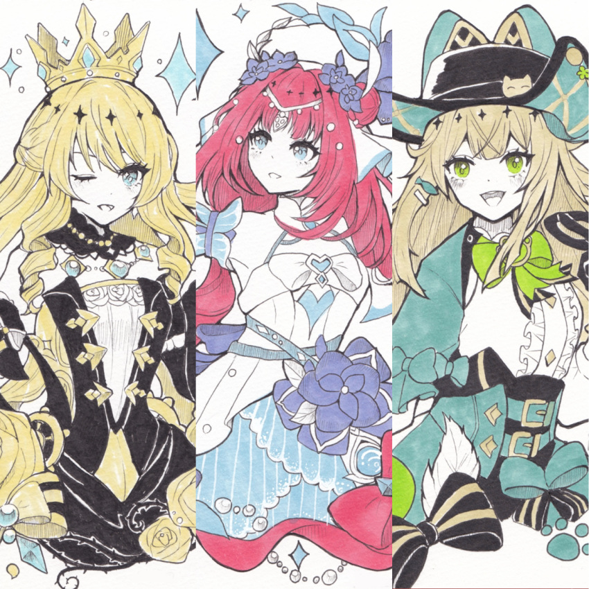 3girls :d ;d aqua_belt bare_shoulders black_dress black_gloves black_hat blonde_hair blue_eyes bow bowtie choko_(c_enaga) column_lineup commentary_request crown detached_sleeves dress genshin_impact gloves green_bow green_bowtie green_eyes hair_bun hand_up hat highres holding holding_mask jewelry kirara_(genshin_impact) kirara_(phantom_in_boots)_(genshin_impact) long_hair long_sleeves looking_at_viewer mask multiple_girls navia_(genshin_impact) necklace nilou_(breeze_of_sabaa)_(genshin_impact) nilou_(genshin_impact) official_alternate_costume one_eye_closed open_mouth red_hair shirt simple_background sleeveless sleeveless_dress smile strapless strapless_dress upper_body very_long_hair white_background white_dress white_shirt