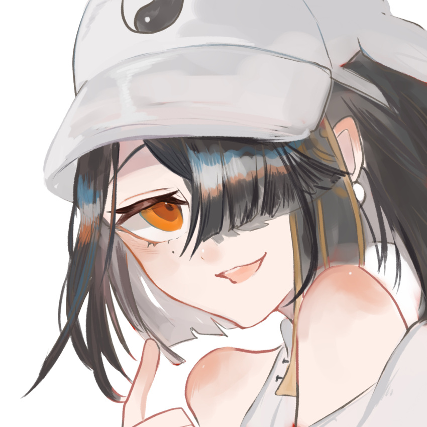 absurdres bare_shoulders black_hair breasts brown_eyes fate/grand_order fate_(series) female hair_over_one_eye hat highres jacket long_sleeves looking_at_viewer masteryakiniku mole mole_under_eye off_shoulder open_mouth shirt short_hair sleeveless sleeveless_shirt small_breasts smile solo white_hat white_jacket white_shirt xu_fu_(fate) xu_fu_(swimsuit_avenger)_(fate) xu_fu_(swimsuit_avenger)_(third_ascension)_(fate) yin_yang yin_yang_print