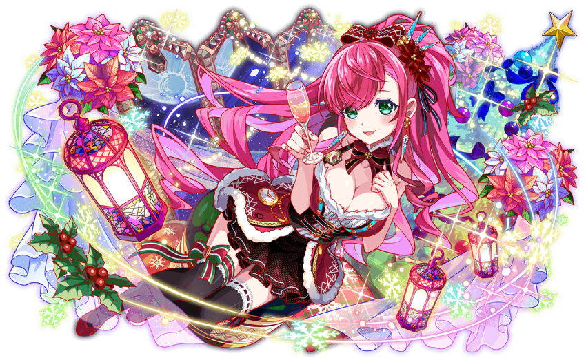 alternate_costume artist_request bare_arms bare_shoulders belted_jacket black_thighhighs blush bow bow_legwear breasts cel_shading christmas christmas_ornaments christmas_tree cleavage collar crash_fever cup curtains drink drinking_glass earrings female fingernails flower frilled_skirt frills full_body full_moon game_cg gaudi_(crash_fever) green_bow green_eyes hair_behind_ear hairbow half_updo high_heels high_ponytail holding holding_drink indoors jacket jewelry knees_together_feet_apart lace-trimmed_thighhighs lantern large_breasts light_particles long_hair looking_at_viewer miniskirt mistletoe moon night night_sky number_print numbered official_alternate_costume official_art open_mouth outline oversized_object pink_flower pocket_watch poinsettia ponytail print_skirt puffy-trimmed_collar puffy-trimmed_jacket red_bow red_collar red_flower red_footwear red_jacket red_outline red_skirt ribbon-trimmed_ribbon skirt sky snowflake_print snowflakes solo square square_print star_(sky) swept_bangs tachi-e thighhighs third-party_source transparent_background twisted_hair very_long_hair watch white_flower window wine_glass zipper