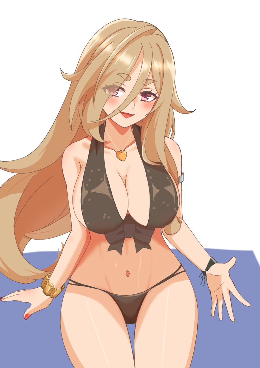 :d absurdres alternate_costume bikini black_bikini blonde_hair breasts creditta_(princess_connect!) female hair_between_eyes heart heart_necklace highres jewelry kyoshinsya_ysis large_breasts long_hair looking_at_viewer navel necklace paid_reward_available princess_connect! purple_eyes smile solo swimsuit thick_eyebrows