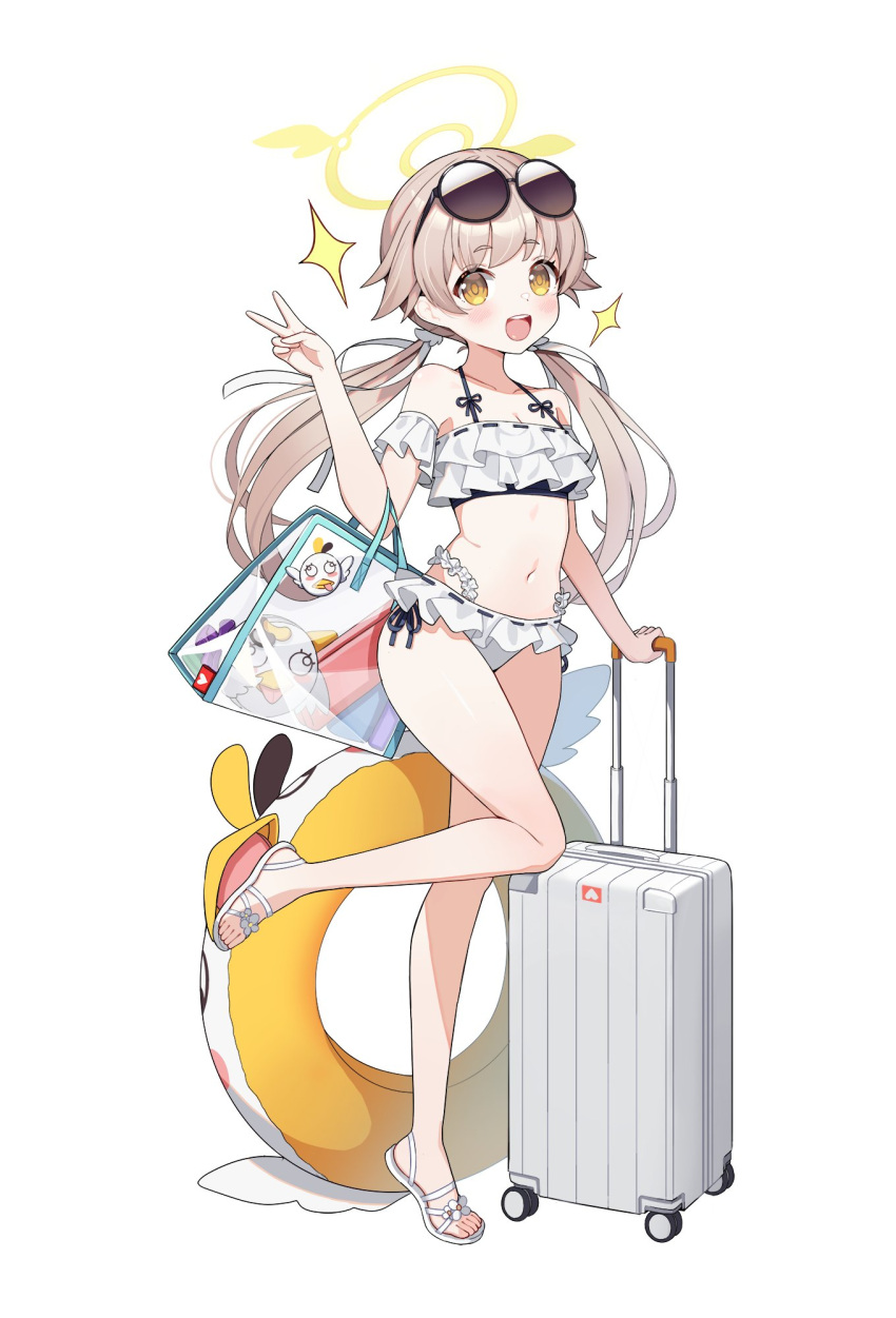 blonde_hair blue_archive blush eyewear_on_head female hifumi_(blue_archive) hifumi_(swimsuit)_(blue_archive) highres hyun_(ajshd01) long_hair navel open_mouth peroro_(blue_archive) rolling_suitcase suitcase teeth thighs upper_teeth_only v yellow_eyes