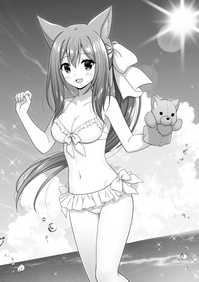 animal_ear_fluff animal_ears bare_shoulders bikini blush bow cloud collarbone commentary_request day female frilled_bikini frills front-tie_bikini_top front-tie_top greyscale groin hairbow hand_puppet hands_up highres horizon long_hair looking_at_viewer monochrome nakamura_hinato navel ocean original outdoors ponytail puppet sky solo sun swimsuit very_long_hair water wolf_ears