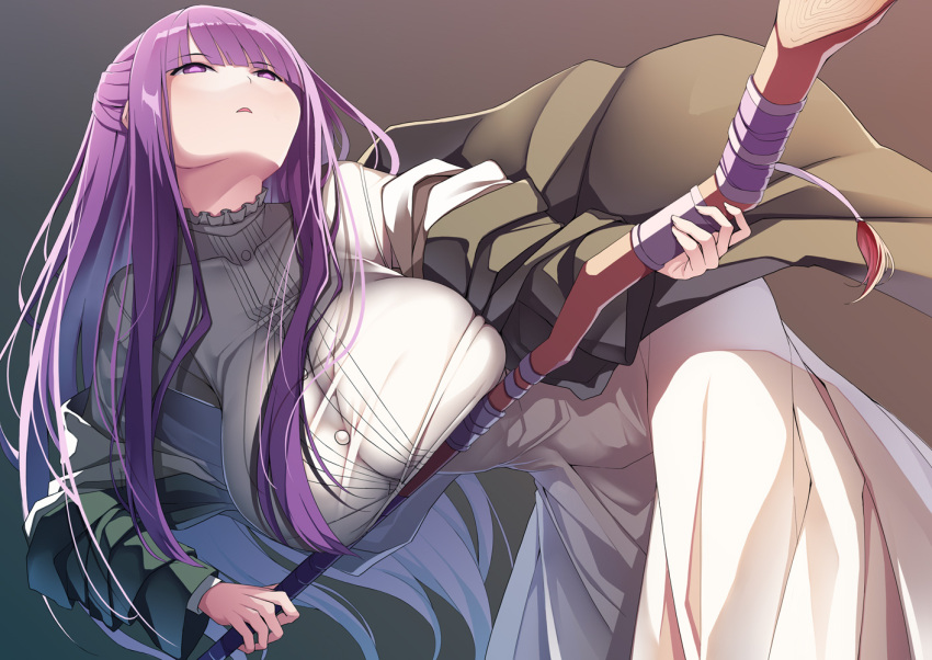 black_robe blunt_bangs breasts creek_(moon-sky) dress female fern_(sousou_no_frieren) frilled_dress frills holding holding_staff large_breasts long_dress long_hair mage_staff parted_lips purple_eyes purple_hair robe solo sousou_no_frieren staff straight_hair white_dress