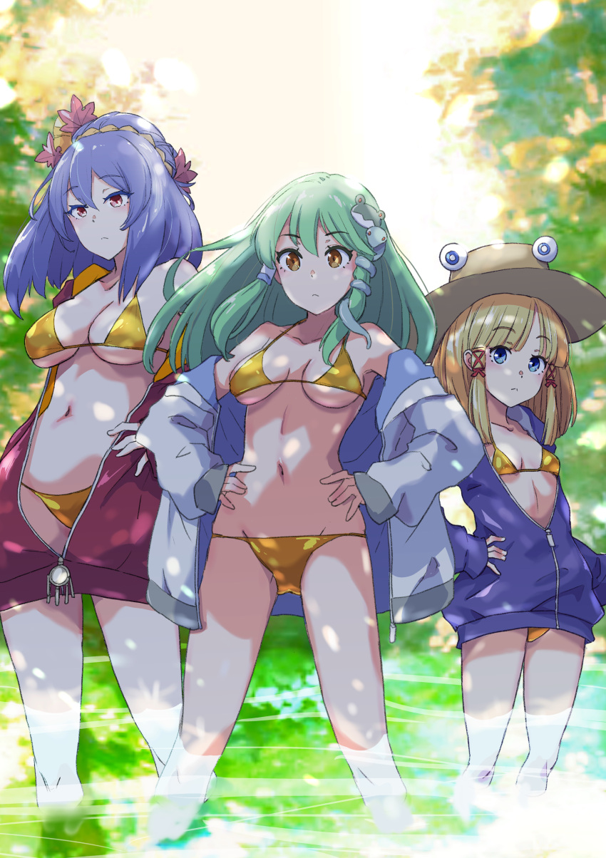 3girls absurdres bikini blonde_hair blue_eyes breasts breasts_apart brown_hat cleavage closed_mouth gold_bikini green_eyes gronru_(alchemy_stars) hair_ornament hand_on_own_hip hands_on_own_hips hat highres hood hoodie jack_(wkm74959) kochiya_sanae large_breasts leaf_hair_ornament long_hair looking_at_viewer medium_breasts moriya_suwako multiple_girls navel open_clothes open_hoodie outdoors partially_unbuttoned purple_hair purple_hoodie red_hoodie small_breasts swimsuit touhou tree unzipped upper_body very_long_hair wading white_hoodie yasaka_kanako yellow_eyes