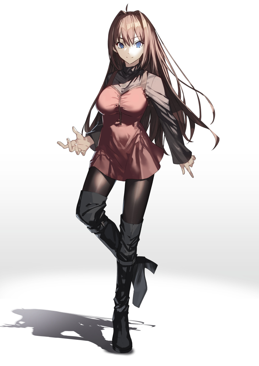 absurdres aozaki_aoko black_footwear black_pantyhose black_sweater blue_eyes boots breasts brown_hair dress female full_body hair_intakes highres large_breasts long_hair long_sleeves looking_at_viewer mahou_tsukai_no_yoru nakanishi_tatsuya pantyhose red_dress short_dress sidelocks smile solo sweater thigh_boots