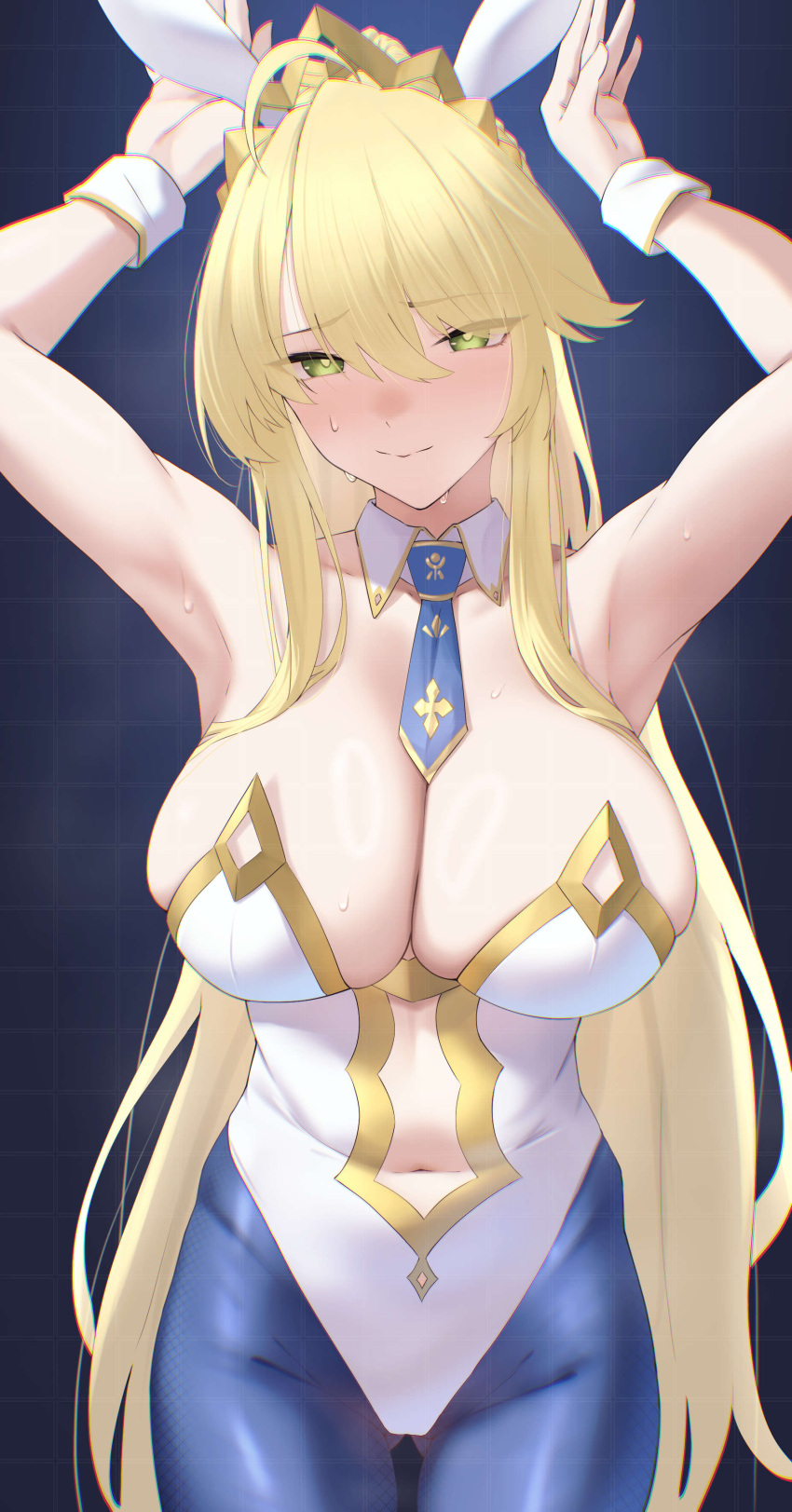 absurdres ahoge animal_ears armpits arms_up artoria_pendragon_(fate) artoria_pendragon_(swimsuit_ruler)_(fate) artoria_pendragon_(swimsuit_ruler)_(first_ascension)_(fate) bare_shoulders blonde_hair blue_pantyhose blush breasts cleavage clothing_cutout detached_collar fate/grand_order fate_(series) female fishnet_pantyhose fishnets green_eyes hair_between_eyes highleg highleg_leotard highres large_breasts leotard long_hair looking_at_viewer navel navel_cutout necktie okuma707 pantyhose playboy_bunny ponytail rabbit_ears sidelocks solo thighs tiara white_leotard wrist_cuffs