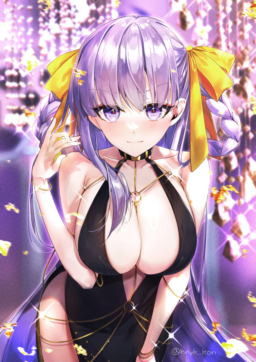 absurdres bare_shoulders bb_(fate) bb_dubai_(fate) belly_chain black_dress braid braided_hair_rings breasts center_opening cleavage dress fate/grand_order fate_(series) female hair_ribbon hane_yuki highres jewelry large_breasts leaning_forward long_hair looking_at_viewer necklace purple_eyes purple_hair ribbon side_slit smile solo sparkle twin_braids very_long_hair yellow_ribbon