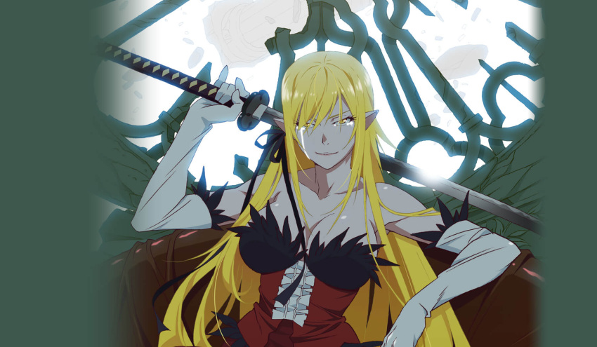 bare_shoulders blonde_hair breasts cleavage collarbone crying dress elbow_gloves feather-trimmed_dress feather-trimmed_gloves female gloves hair_in_own_mouth hair_ribbon highres holding holding_sword holding_weapon key_visual kiss-shot_acerola-orion_heart-under-blade kizumonogatari large_breasts long_hair looking_at_viewer monogatari_(series) official_art oshino_shinobu pointy_ears promotional_art red_dress ribbon smile solo strapless strapless_dress sword tears upper_body vampire weapon white_gloves yellow_eyes