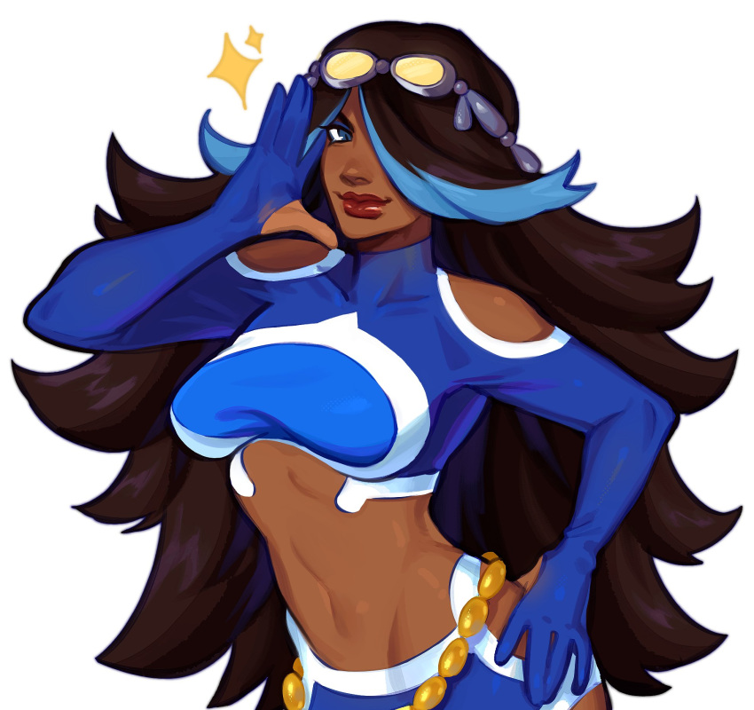 black_hair blue_eyes blue_hair breasts citrusspunch commentary dark-skinned_female dark_skin english_commentary female goggles goggles_on_head hair_over_one_eye hand_on_own_hip hand_up highres large_breasts long_hair midriff multicolored_hair navel pokemon pokemon_oras shelly_(pokemon) simple_background smile solo sparkle team_aqua team_aqua_uniform two-tone_hair very_dark_skin white_background