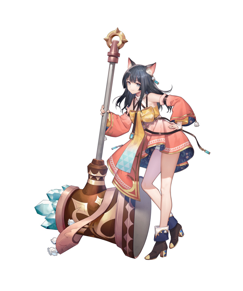 animal_ear_fluff animal_ears atelier_(series) atelier_resleriana black_hair blue_sash cat_ears cat_girl closed_mouth crystal detached_sleeves dress earrings female foot_up full_body gradient_clothes gradient_dress gradient_sash hammer hand_on_own_hip highres holding holding_hammer holding_weapon huge_weapon izana_kokoschka jewelry leaning_forward long_hair looking_at_viewer official_art orange_dress orange_sleeves sash sash_bow short_dress shorts shorts_under_dress sidelocks simple_background sleeveless sleeveless_dress smile solo standing transparent_background umiu_geso weapon white_dress white_shorts wide_sleeves yellow_sash