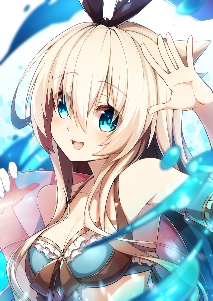 :d absurdres alice_(grimms_notes) armpits bare_shoulders bikini black_hairband blonde_hair blue_bikini blue_eyes breasts cleavage collarbone commentary_request female fingernails grimms_notes hair_between_eyes hairband hand_up highres long_hair looking_at_viewer medium_breasts open_mouth ruisuke smile solo swimsuit upper_body