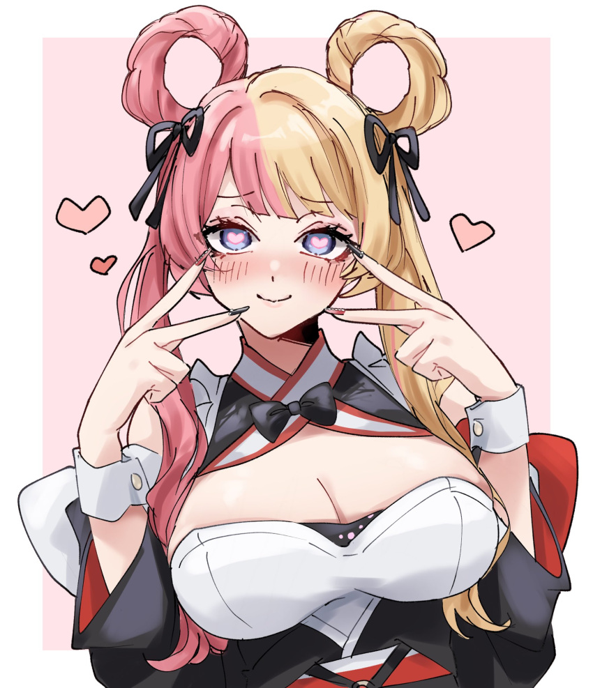 black_bow black_bowtie black_kimono black_nails black_ribbon blonde_hair blue_eyes blush border bow bowtie breasts cleavage closed_mouth double_v female hair_ribbon hair_rings heart heart-shaped_pupils highres japanese_clothes kimono kotoka_torahime kotoka_torahime_(2nd_costume) large_breasts leotard long_hair looking_at_viewer mitsu6 multicolored_hair nijisanji nijisanji_en official_alternate_costume official_alternate_hairstyle pink_background pink_hair pink_nails ribbon smile solo split-color_hair symbol-shaped_pupils traditional_bowtie twintails upper_body v virtual_youtuber white_border white_leotard white_wrist_cuffs wrist_cuffs