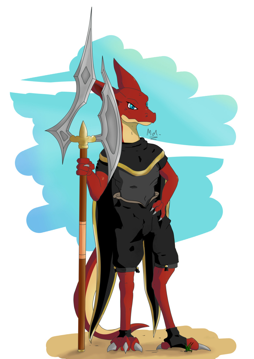 absurd_res alpha_channel anthro cape claws clothing dragon female hi_res melee_weapon mythological_creature mythological_scalie mythology polearm red_body scales scalie solo spear tail weapon youmadsin