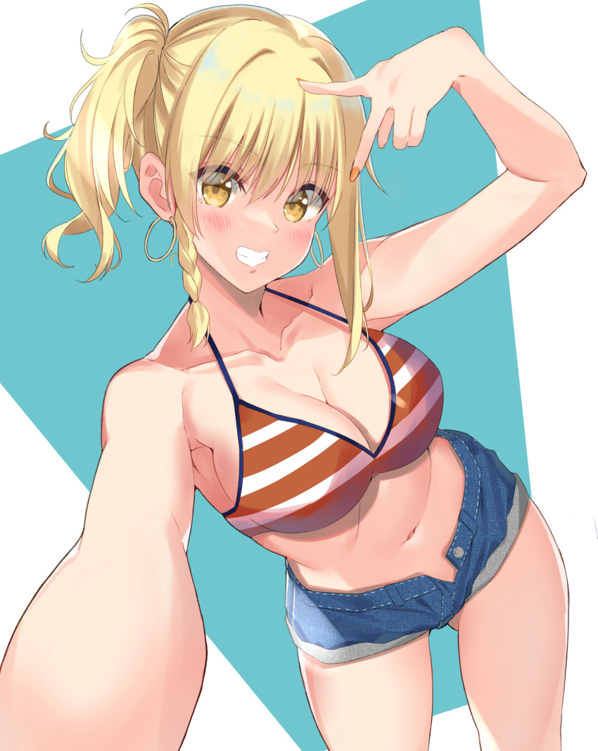 bikini blonde_hair blue_shorts breasts cleavage collarbone denim denim_shorts female grin highres kuro_neko_(38-21) large_breasts looking_at_viewer love_live! love_live!_nijigasaki_high_school_idol_club medium_hair micro_shorts miyashita_ai navel open_clothes open_fly open_shorts short_shorts shorts sidelocks smile solo stomach striped_bikini striped_clothes swimsuit teeth v yellow_eyes