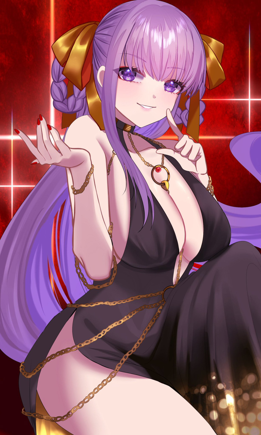 bare_shoulders bb_(fate) bb_dubai_(fate) belly_chain black_dress blush braid braided_hair_rings breasts center_opening cleavage dress fate/grand_order fate_(series) female gold_dress grin hair_ribbon highres jewelry kamikawa_celery large_breasts long_hair looking_at_viewer necklace purple_eyes purple_hair ribbon side_slit smile solo thighs twin_braids very_long_hair yellow_ribbon