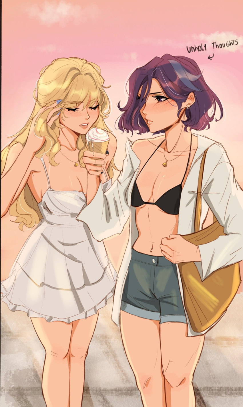 2girls bag bare_shoulders bikini bikini_top_only black_bikini blonde_hair blue_nails breasts cleavage clorinde_(genshin_impact) closed_eyes cowboy_shot denim denim_shorts dress earrings english_commentary english_text food genshin_impact hair_behind_ear halterneck handbag highres holding holding_ice_cream_cone ice_cream ice_cream_cone jewelry large_breasts long_hair multiple_girls navel navia_(genshin_impact) necklace off_shoulder open_clothes open_shirt parted_lips pink_background purple_eyes purple_hair purple_nails seijousai shell shell_necklace shirt shorts spaghetti_strap standing swimsuit tan white_dress white_shirt yuri