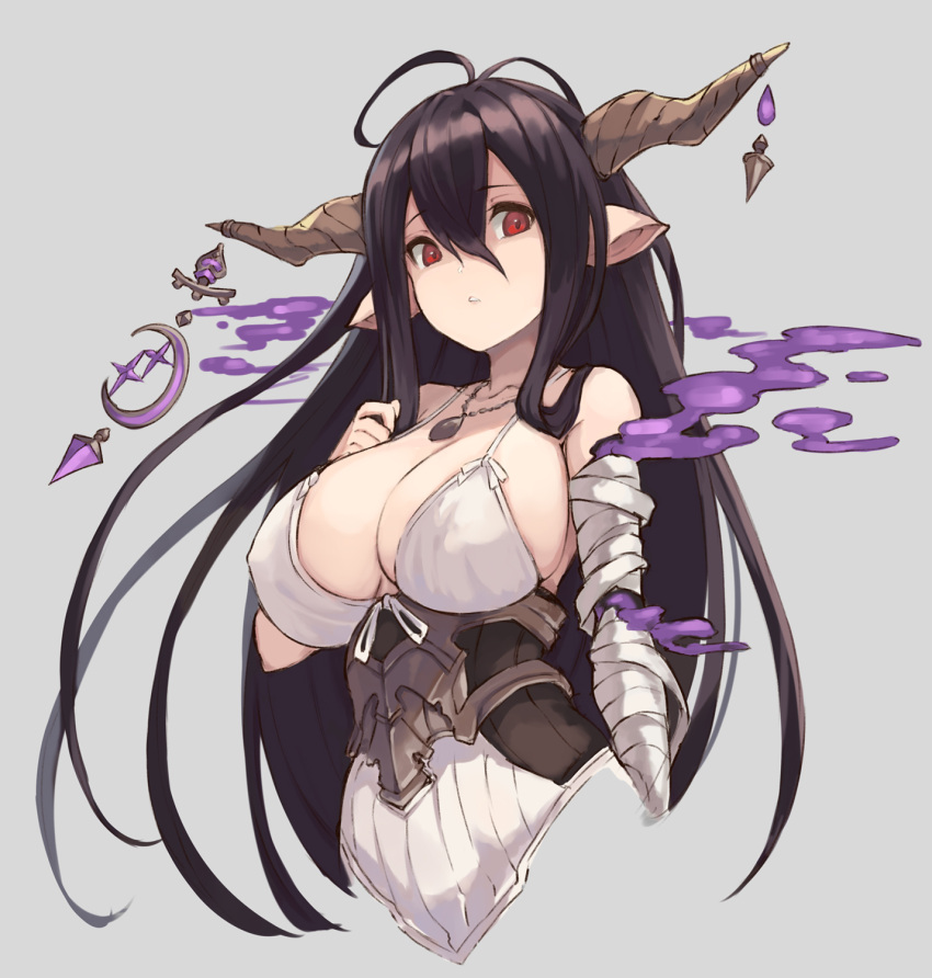 antenna_hair bandaged_arm bandages bare_shoulders black_hair breasts cradle_(2849) danua draph dress female granblue_fantasy hair_between_eyes highres horn_ornament horns jewelry large_breasts long_dress long_hair necklace parted_lips pointy_ears red_eyes solo white_background white_dress wide_hips