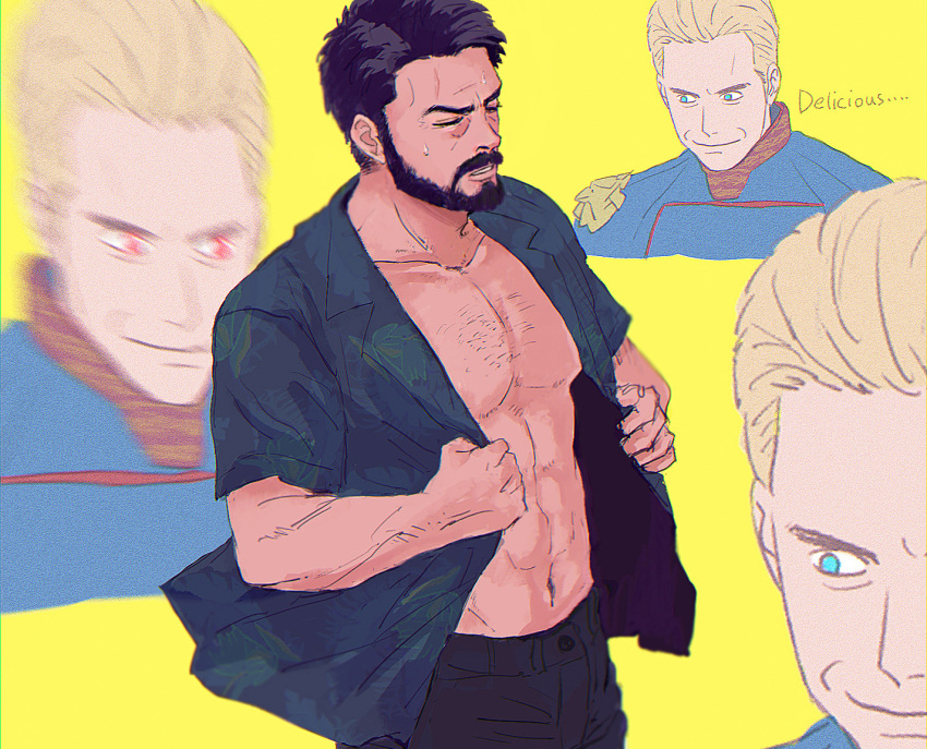 2boys bara beard billy_butcher black_hair collage cowboy_shot facial_hair full_beard glowing glowing_eyes homelander large_pectorals looking_at_pectorals male_focus masososo mature_male multiple_boys muscular muscular_male pectoral_cleavage pectorals short_hair standing superhero_costume the_boys thick_beard thick_eyebrows undressing yaoi