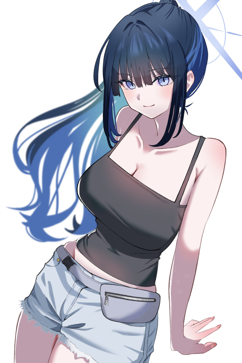 absurdres black_camisole blue_archive blue_eyes blue_hair blue_halo breasts camisole collarbone colored_inner_hair cross_halo denim denim_shorts female halo highres kikai260 multicolored_hair official_alternate_costume saori_(blue_archive) saori_(swimsuit)_(blue_archive) shorts simple_background solo white_background