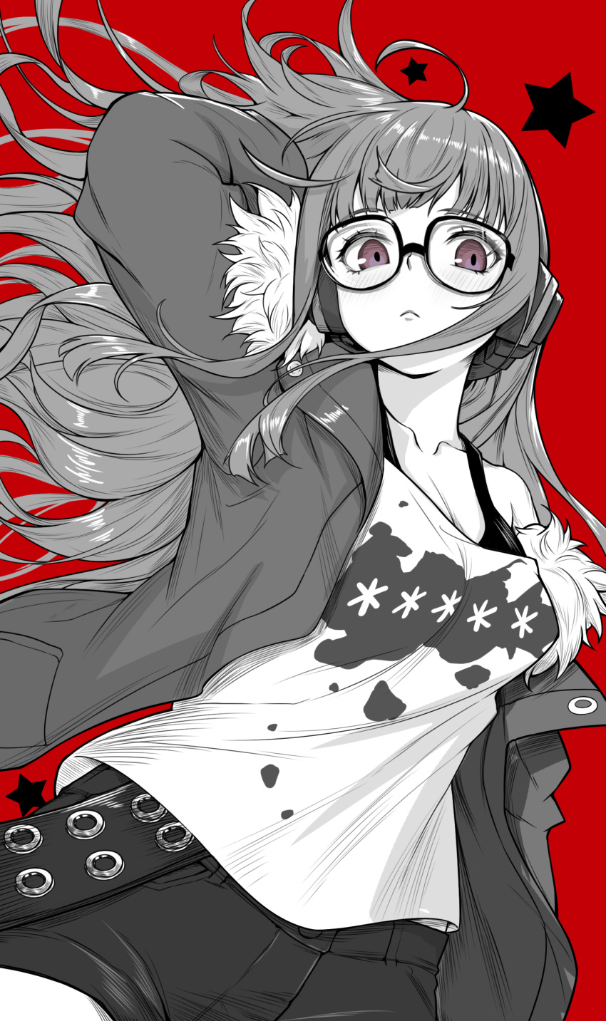 :< absurdres ahoge arm_behind_head arm_up behind-the-head_headphones birkai blush bra_strap breasts cleavage closed_mouth cowboy_shot female fur-trimmed_jacket fur_trim glasses headphones highres jacket limited_palette long_hair long_sleeves looking_at_viewer medium_breasts off_shoulder open_clothes open_jacket persona persona_5 purple_eyes red_background sakura_futaba shirt short_shorts shorts simple_background single_bare_shoulder solo star_(symbol) very_long_hair