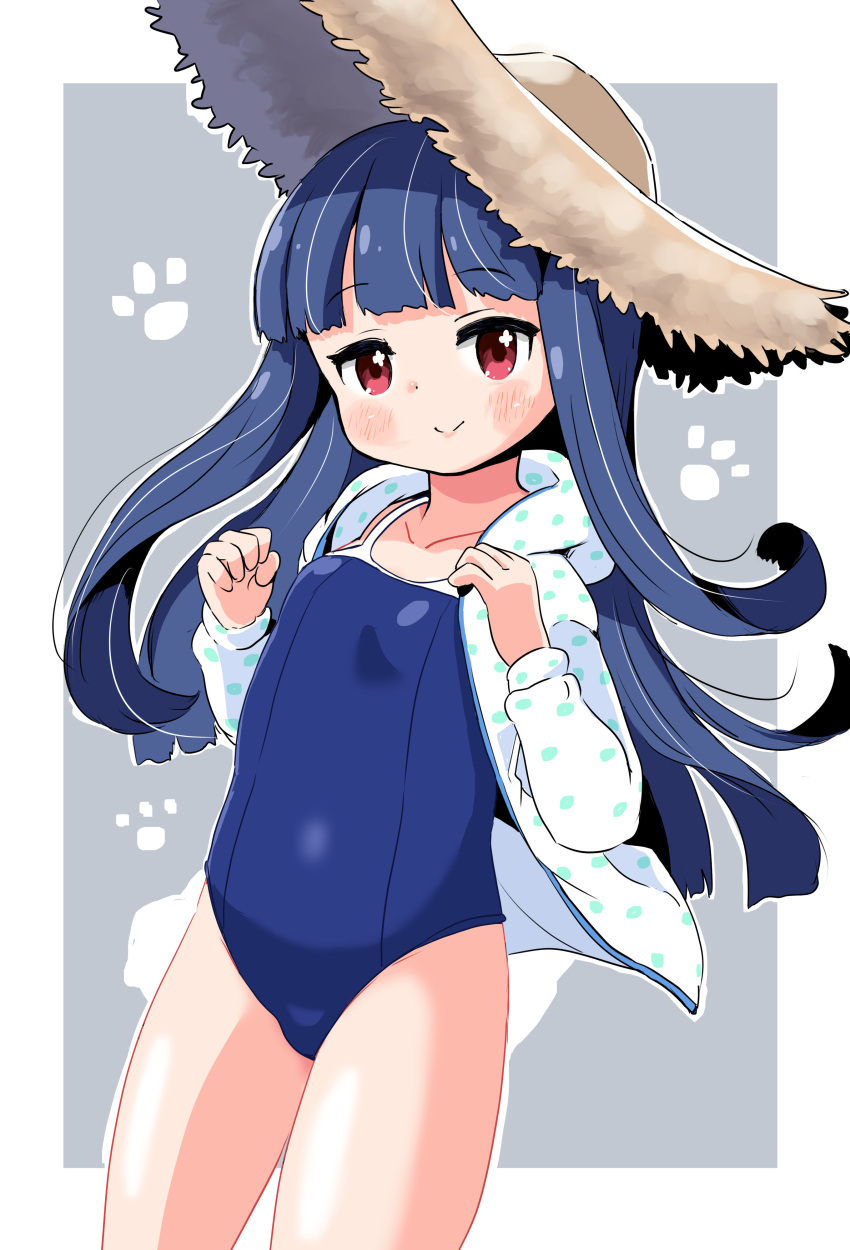 absurdres blue_hair blue_one-piece_swimsuit blush breasts brown_hat closed_mouth collarbone female flower_in_eye grey_background hat highres hood hood_down hooded_jacket idolmaster idolmaster_cinderella_girls jacket lemon_pan long_hair long_sleeves looking_at_viewer navel one-piece_swimsuit open_clothes open_jacket polka_dot polka_dot_jacket puffy_long_sleeves puffy_sleeves red_eyes sajo_yukimi school_swimsuit small_breasts smile solo straw_hat swimsuit swimsuit_under_clothes symbol_in_eye two-tone_background very_long_hair white_background white_jacket