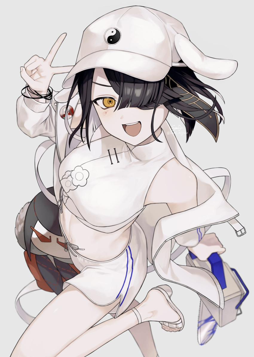 bare_shoulders black_hair blush breasts brown_eyes chainsaw fate/grand_order fate_(series) female hair_over_one_eye hat highres jacket long_sleeves looking_at_viewer midriff mole mole_under_eye navel off_shoulder open_mouth sandals shirt short_hair shorts sleeveless sleeveless_shirt small_breasts smile solo sumi_(gfgf_045) white_hat white_jacket white_shirt white_shorts xu_fu_(fate) xu_fu_(swimsuit_avenger)_(fate) xu_fu_(swimsuit_avenger)_(third_ascension)_(fate) yin_yang yin_yang_print