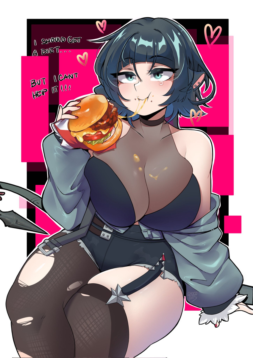 animal_humanoid asymmetrical_clothing bangs big_breasts black_hair bottomwear bra breasts burger chocotoffy choker clothing cutoffs daisy_dukes denim denim_bottomwear denim_clothing dialogue eating eating_food female food garter_straps hair hi_res hotpants humanoid jacket jane_doe_(zenless_zone_zero) jewelry leggings legwear makeup mammal mammal_humanoid mascara mihoyo murid murid_humanoid murine murine_humanoid necklace pantyhose rat_humanoid rodent rodent_humanoid shorts solo text thick_thighs topwear torn_clothing torn_legwear torn_pantyhose underwear zenless_zone_zero