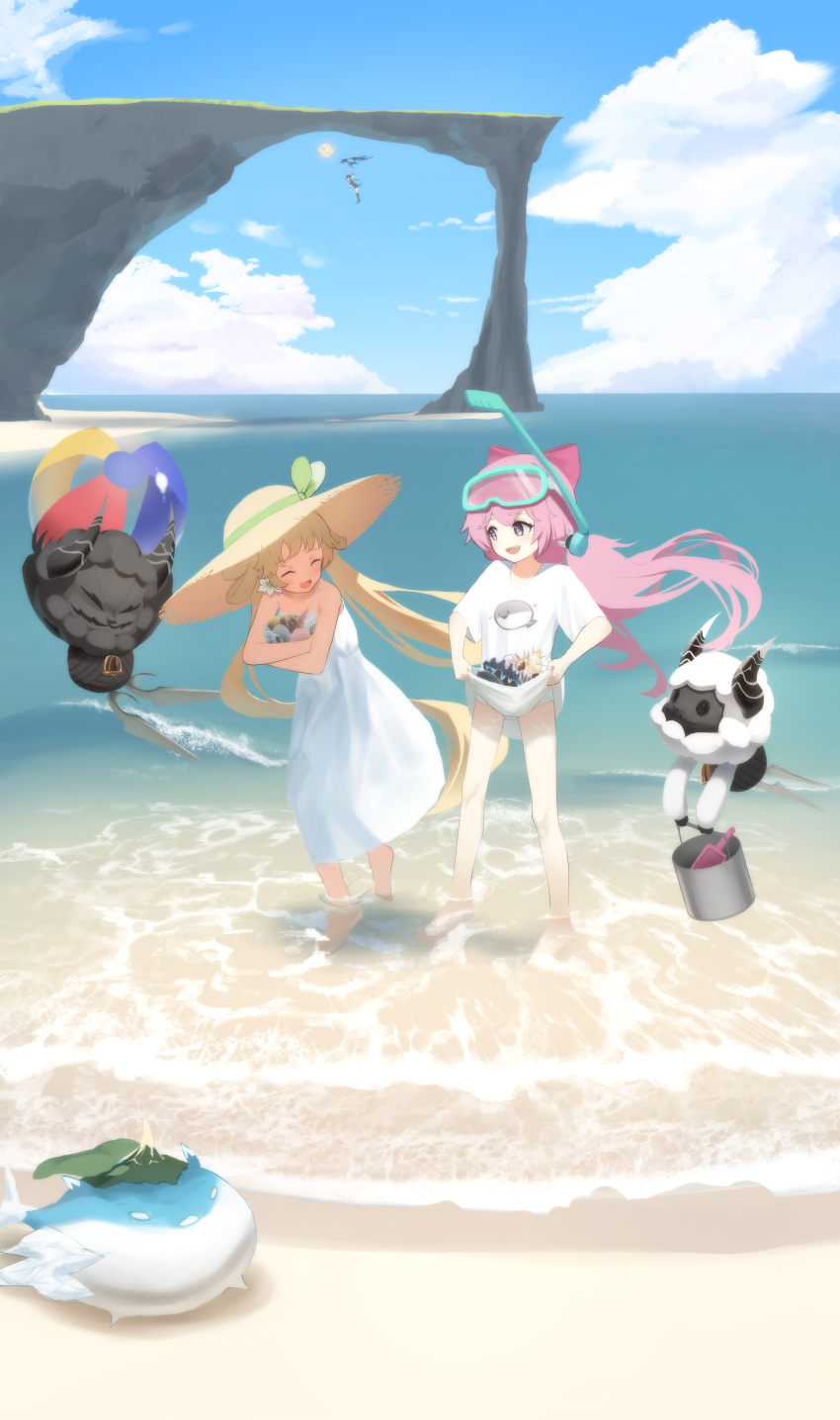 3girls :d ^_^ absurdres arm_up ball beach beachball bell bikini bikini_under_clothes black_hair blonde_hair blue_eyes blue_sky blush bow brown_hat bucket cliff closed_eyes cloud cloudy_(wuthering_waves) commentary_request conch cosmos_(wuthering_waves) cross-shaped_pupils cumulonimbus_cloud day diving_mask diving_mask_on_head dress earrings encore_(wuthering_waves) female_rover_(wuthering_waves) floating_hair flower flower_earrings goggles goggles_on_head green_ribbons gulpuff_(wuthring_waves) hair_between_eyes hairbow happy hat hat_ribbon highres holding holding_ball holding_bucket irochan jewelry long_hair looking_at_another low_twintails multiple_girls ocean open_mouth outdoors pink_bow pink_hair pink_pupils ponytail print_shirt ribbon rover_(wuthering_waves) sacabambaspis sand seashell shell shirt shirt_basket short_sleeves sidelocks sky sleeveless sleeveless_dress smile snorkel spaghetti_strap standing straw_hat stuffed_animal stuffed_sheep stuffed_toy sun_hat sundress swimsuit symbol-shaped_pupils t-shirt teeth trowel twintails upper_teeth_only verina_(wuthering_waves) very_long_hair wading water waves white_bikini white_dress white_flower white_shirt wind_glider wuthering_waves