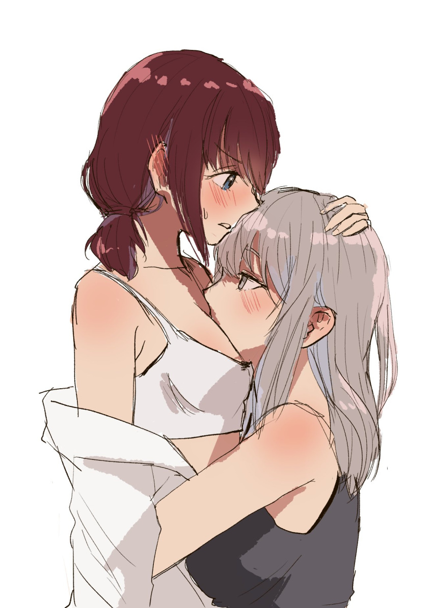 2girls between_breasts black_camisole blue_eyes blush bra breasts camisole commentary ear_blush girls_band_cry grey_eyes grey_hair hand_on_another's_head head_between_breasts highres hug iseri_nina kawaragi_momoka long_hair m0m0n1n4 multiple_girls off_shoulder parted_lips red_hair shirt short_twintails simple_background twintails underwear white_background white_bra white_shirt yuri