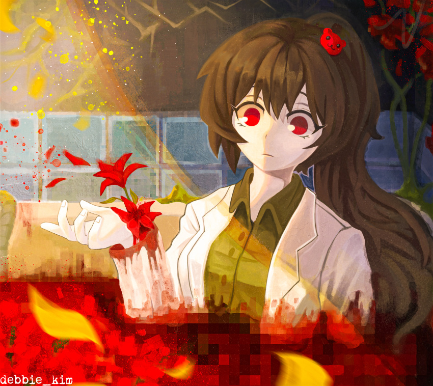 absurdres bear_hair_ornament blood blood_on_clothes bloodbath_(project_moon) brown_hair carmen_(project_moon) closed_mouth collared_shirt debbie_kimm female flower green_shirt hair_ornament high_ponytail highres lobotomy_corporation long_hair looking_at_viewer petals pool_of_blood project_moon red_eyes red_flower shirt solo tile_wall tiles wide-eyed wing_collar