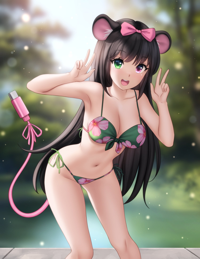 :d animal_ears bikini black_hair blurry blurry_background bow breasts cable cable_tail cleavage collarbone commentary cowboy_shot double_v english_commentary female floral_print floral_print_bikini front-tie_bikini_top front-tie_top gigamessy green_eyes hairbow hands_up heterochromia highres leaning_forward light_particles long_hair looking_at_viewer mechanical_tail medium_breasts mouse_ears navel open_mouth original pink_bow pink_eyes second-party_source side-tie_bikini_bottom smile solo standing swimsuit tail teeth upper_teeth_only v