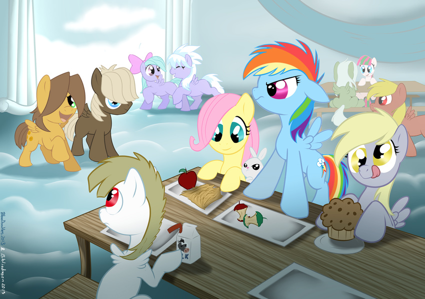 accessory amber_eyes angel_(mlp) apple beverage_carton bibliodragon blonde_hair blossomforth_(mlp) blue_body blue_eyes blue_feathers blue_fur blue_hair bow_(feature) bow_accessory bow_ribbon bulk_biceps_(mlp) carton centered_hair_bow cloud cloud_chaser_(mlp) container cutie_mark derpy_hooves equid equine feathered_wings feathers female feral flitter_(mlp) fluttershy_(mlp) food friendship_is_magic fruit fur furniture green_eyes grey_body grey_fur group hair hair_accessory hair_ribbon hairbow hasbro hay hi_res lagomorph large_group long_hair male mammal milk milk_carton milk_container muffin multicolored_hair my_little_pony mythological_creature mythological_equine mythology open_mouth outside pegasus picnic_table pink_hair plant purple_eyes rainbow_dash_(mlp) rainbow_hair red_eyes ribbons sibling_(lore) sky smile straw_(disambiguation) table tongue tongue_out tray two_tone_hair white_body white_fur wings wood wood_furniture wood_table yellow_body yellow_eyes yellow_feathers yellow_fur young young_feral