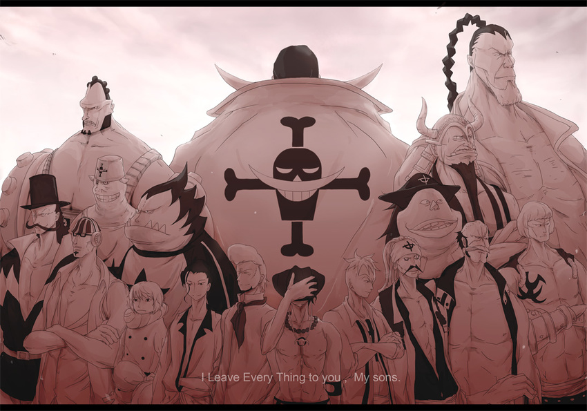 6+boys atmos blamenco blenheim curiel edward_newgate flower_sword_vista fossa haruta_(one_piece) hat izou_(one_piece) jolly_roger jozu kingdew marco monochrome multiple_boys namur one_piece pirate pirates portgas_d_ace rakuyou speed_jiru thatch whitebeard_pirates