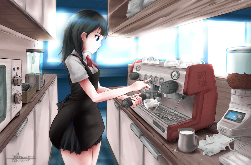 anomonny apron bangs black_hair black_skirt blue_eyes cafe coffee coffee_beans coffee_cup coffee_grinder coffee_machine coffee_maker_(object) countertop cup disposable_cup espresso milk oven pleated_skirt shirt skirt ssss.gridman takarada_rikka