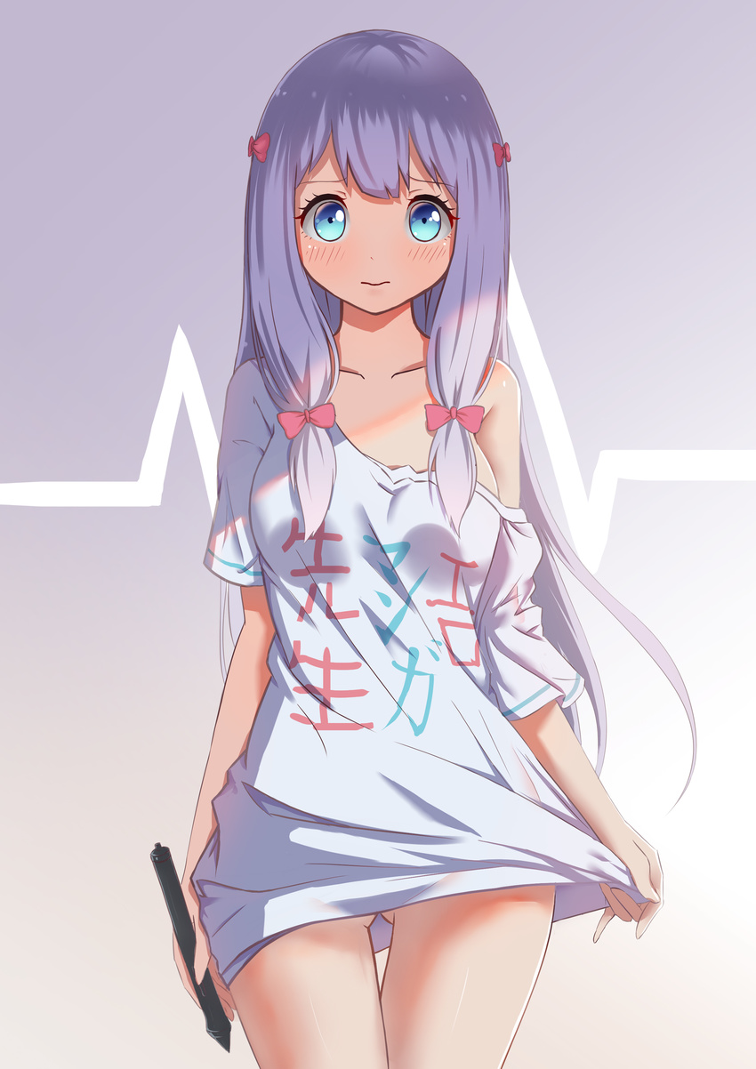 absurdres adrenaline!!! aqua_eyes ass_visible_through_thighs bare_shoulders blush bow closed_mouth collarbone commentary_request derivative_work eromanga_sensei female grey_hair hairbow haohe_buguo highres izumi_sagiri long_hair looking_at_viewer no_pants photoshop_(medium) pink_bow shirt short_sleeves solo stylus thigh_gap very_long_hair white_shirt