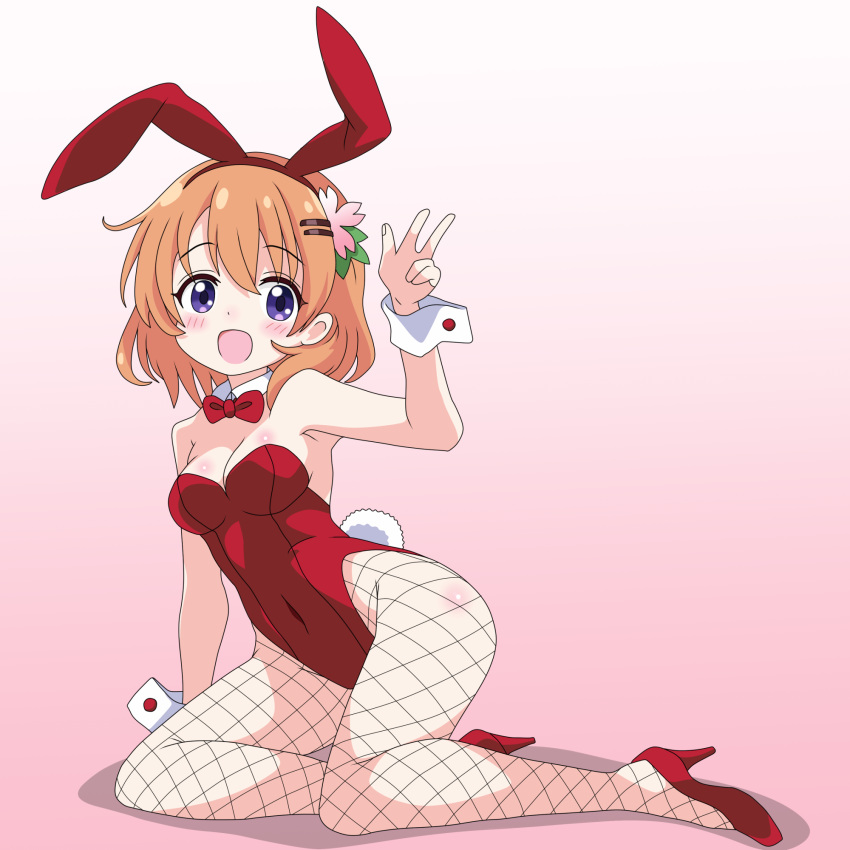 animal_ears bow bowtie breasts detached_collar fake_animal_ears female fishnet_pantyhose fishnets full_body gochuumon_wa_usagi_desu_ka? gradient_background high_heels highres hoto_cocoa leotard orange_hair pantyhose pink_background playboy_bunny purple_eyes rabbit_ears rabbit_tail red_bow red_bowtie red_footwear red_leotard sakuzo short_hair smile solo strapless strapless_leotard tail v wrist_cuffs