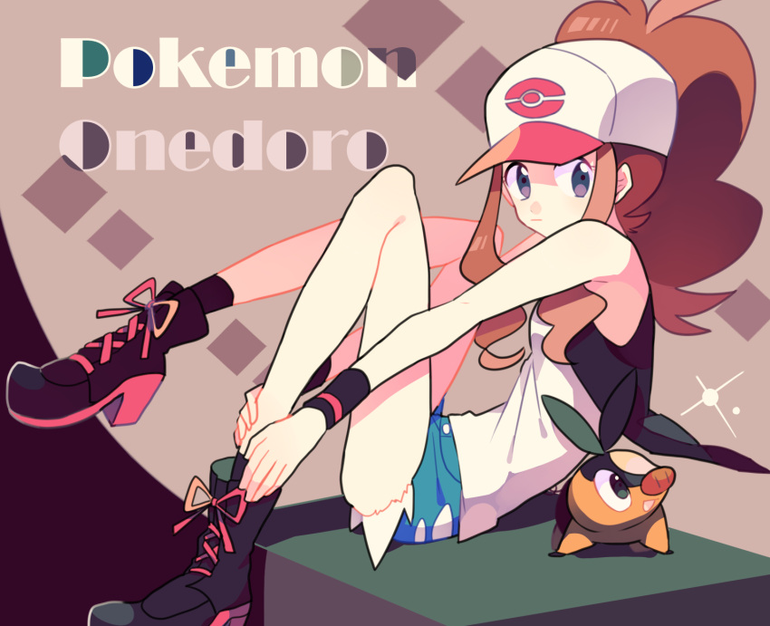 black_eyes black_footwear black_socks black_vest black_wristband brown_hair closed_mouth copyright_name female grey_background hat highres hilda_(pokemon) knees_up long_hair looking_at_viewer nagatsukiariake pokemon pokemon_(creature) pokemon_bw shirt short_shorts shorts socks tepig vest white_hat white_shirt