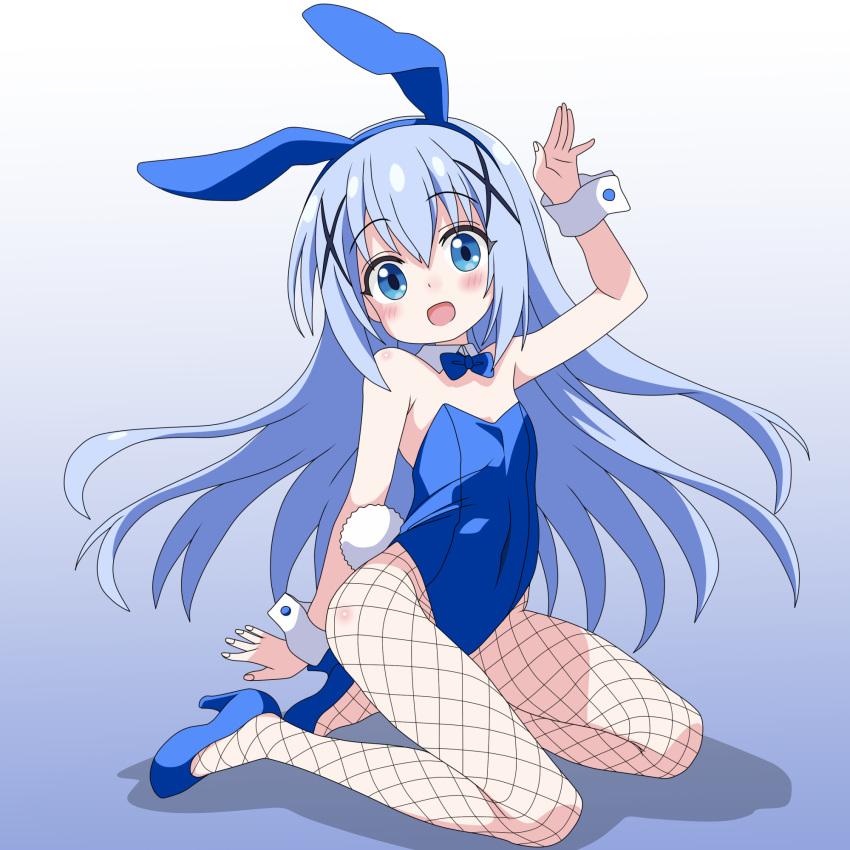 :d animal_ears arm_up bare_shoulders blue_background blue_bow blue_bowtie blue_eyes blue_hair blue_leotard bow bowtie breasts detached_collar fake_animal_ears female fishnet_pantyhose fishnets full_body gochuumon_wa_usagi_desu_ka? gradient_background hair_ornament high_heels highres kafuu_chino kneeling leotard light_blue_hair looking_at_viewer pantyhose playboy_bunny rabbit_ears rabbit_tail sakuzo shadow small_breasts smile solo strapless strapless_leotard tail wrist_cuffs x_hair_ornament