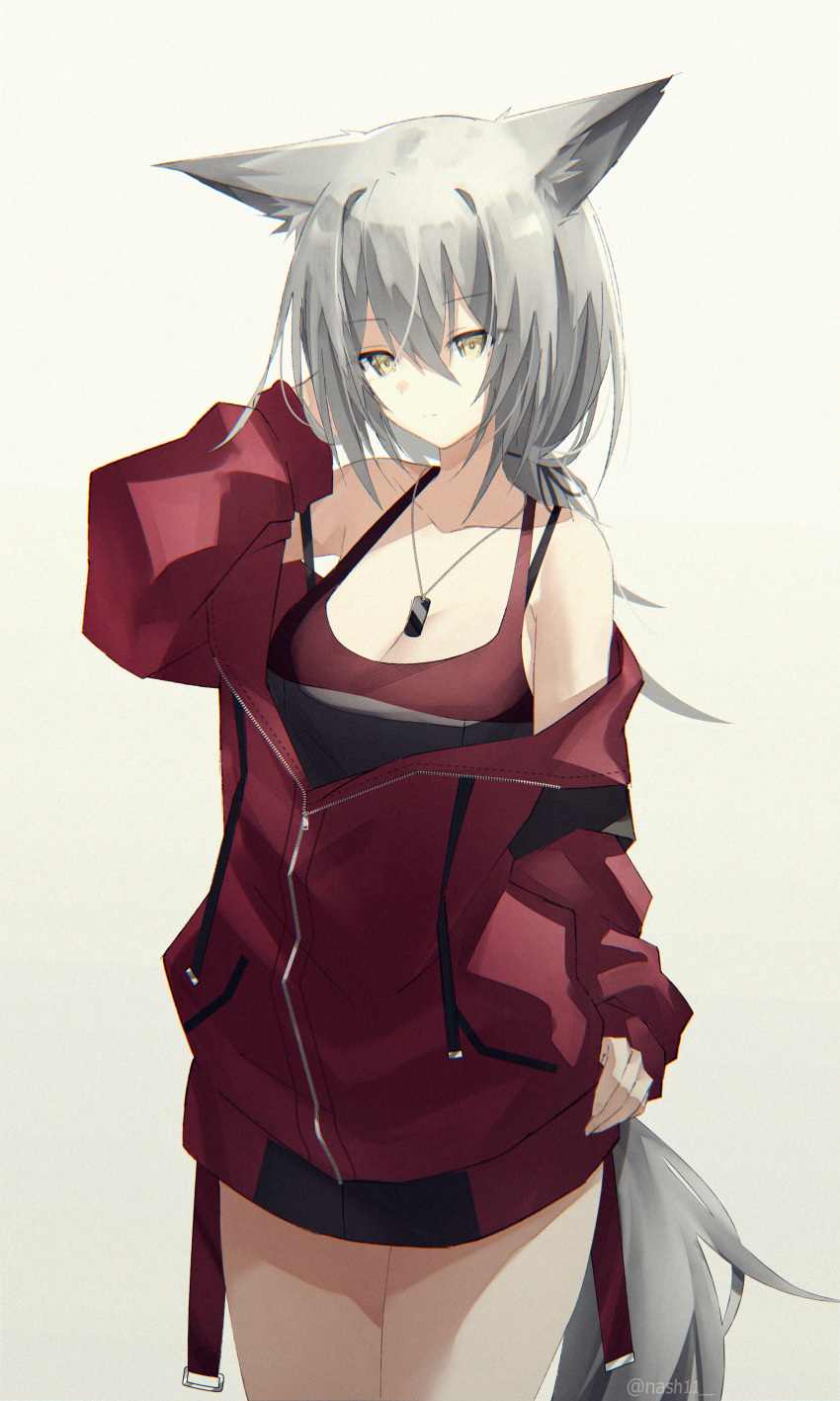 absurdres animal_ears arknights arm_behind_head arm_up bare_shoulders breasts chromatic_aberration cleavage closed_mouth collarbone cowboy_shot eyes_visible_through_hair female grey_background grey_hair grey_tail hair_between_eyes highres jacket jewelry large_breasts long_hair long_sleeves looking_at_viewer nash11 necklace off_shoulder official_alternate_costume one-piece_swimsuit projekt_red_(arknights) projekt_red_(light_breeze)_(arknights) red_jacket red_one-piece_swimsuit solo split_mouth standing swimsuit tail yellow_eyes zipper