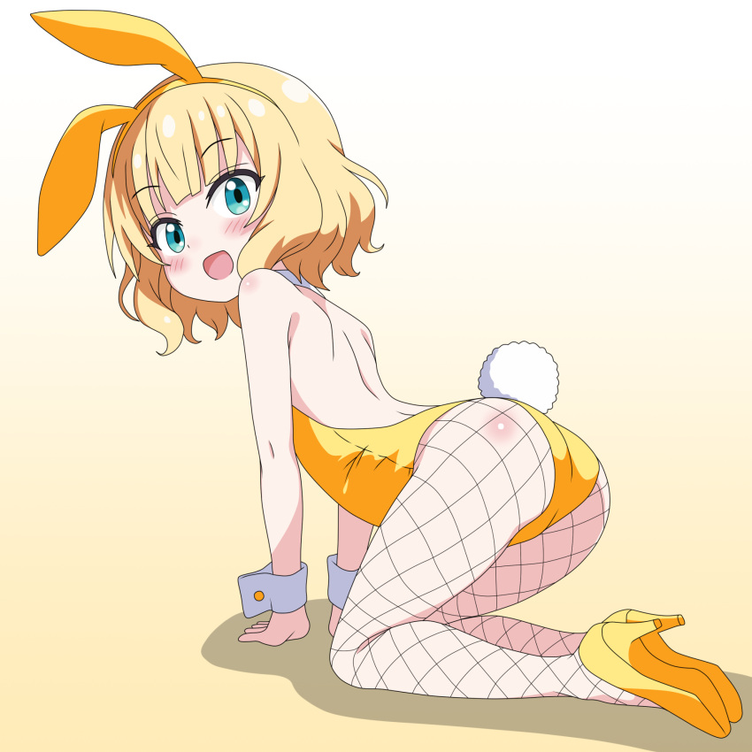 :o all_fours animal_ears ass backless_leotard bare_arms bare_back bare_shoulders blunt_bangs commentary_request dot_nose fake_animal_ears female fishnet_pantyhose fishnets gochuumon_wa_usagi_desu_ka? green_eyes hair_intakes headband high_heels highleg highleg_leotard highres kirima_syaro legs_together leotard looking_at_viewer looking_back medium_hair open_mouth pantyhose playboy_bunny rabbit_tail sakuzo shadow solo tail thighs wrist_cuffs yellow_background yellow_footwear yellow_headband yellow_leotard yellow_theme