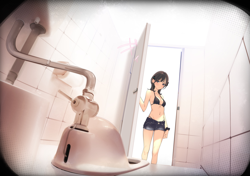 ama_mitsuki bikini black_bikini black_hair black_scrunchie black_shorts commentary_request door female highres indoors medium_hair navel opening_door original restroom scrunchie short_shorts shorts solo squat_toilet standing swimsuit tile_wall tiles white_background wrist_scrunchie