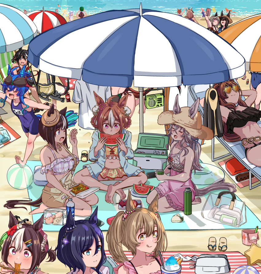 6+girls :d ;) ;o =_= absurdres admire_vega_(umamusume) ahoge alternate_costume animal_ears ball bare_shoulders barefoot beach_chair beach_mat beach_umbrella beachball bikini black_bikini black_hair blonde_hair blue_hair boater_hat bottle braid braided_hair_rings breasts brown_hair bucket casual_one-piece_swimsuit cellphone character_request choker collarbone copano_rickey_(lucky_summertime)_(umamusume) copano_rickey_(umamusume) curren_chan_(umamusume) double_bun dress ear_covers ear_flower ears_through_headwear eating eishin_flash_(reines_plaetschern)_(umamusume) eishin_flash_(umamusume) flower food frilled_bikini frills fruit grey_hair hair_between_eyes hair_bun hair_flower hair_ornament hat heart heart-shaped_eyewear hibiscus highres hokko_tarumae_(pastel_marine_locadol)_(umamusume) hokko_tarumae_(umamusume) holding holding_phone holding_watermelon horse_ears horse_girl horse_tail jewelry kitasan_black_(umamusume) large_breasts lying maruzensky_(blasting_off_summer_night)_(umamusume) maruzensky_(umamusume) marvelous_sunday_(umamusume) mayano_top_gun_(umamusume) mejiro_mcqueen_(umamusume) midriff mihono_bourbon_(umamusume) multicolored_hair multiple_girls narita_top_road_(umamusume) navel necklace neo_universe_(umamusume) nice_nature_(umamusume) official_alternate_costume official_alternate_hairstyle on_back one-piece_swimsuit one_eye_closed orange-tinted_eyewear outstretched_arms overall_skirt phone pink_one-piece_swimsuit purple_eyes radio running sakura_bakushin_o_(umamusume) sandals seiza shaved_ice shino_(ponjiyuusu) short_hair sidelocks sitting small_breasts smart_falcon_(umamusume) smart_falcon_(umamusume)_(candid_shot_between_the_waves) smartphone smile special_week_(hopping_vitamin_heart)_(umamusume) special_week_(umamusume) streaked_hair striped_hair sun_hat swimsuit t.m._opera_o_(umamusume) tail tail_through_clothes tilted_hat tilted_headwear tinted_eyewear tokai_teio_(umamusume) twin_turbo_(umamusume) umamusume umbrella unworn_bikini_top unworn_sandals unworn_shirt wardrobe_malfunction water_bottle watermelon watermelon_slice white-framed_eyewear white_dress white_hair wonder_acute_(that_summer's_cut-off_line)_(umamusume) wonder_acute_(umamusume) yakisoba yellow_eyes yellow_hat yellow_overalls