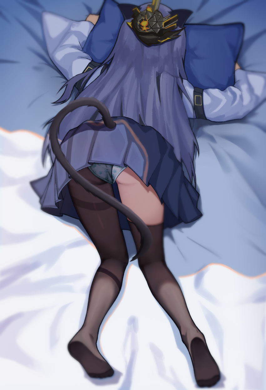 absurdres arknights ass asymmetrical_legwear black_pantyhose black_tail black_thighhighs chinese_commentary commentary_request dated_commentary face_in_pillow facing_away female full_body highres long_hair long_sleeves lying maho_(woaishixiang) mint_(arknights) no_shoes on_stomach pantyhose pillow pleated_skirt purple_hair purple_skirt shirt single_leg_pantyhose single_thighhigh skirt soles tail thighhighs top-down_bottom-up uneven_legwear white_shirt