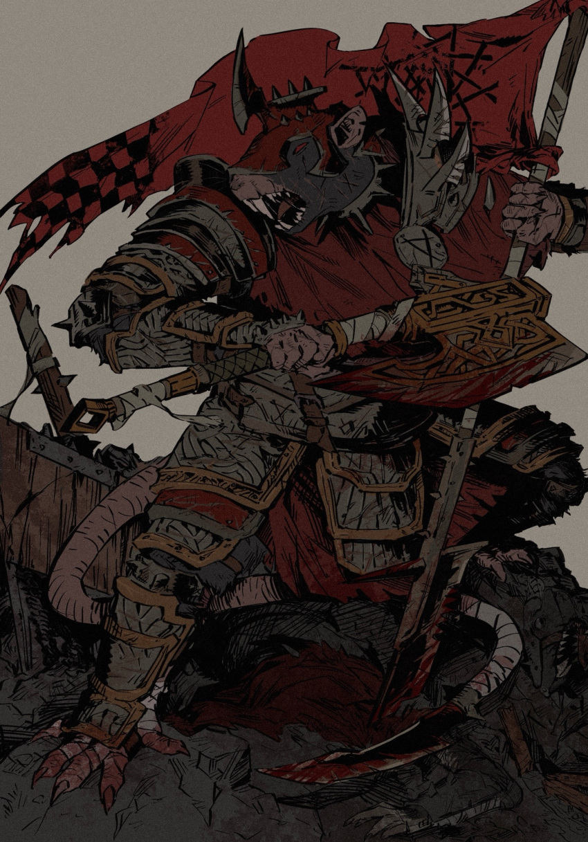 1boy arm_armor armor axe battle_axe blood blood_on_weapon flag full_body highres holding holding_axe holding_flag leg_armor male_focus mouse_(animal) no_humans no_pupils open_mouth red_eyes red_flag red_tunic saliva sallllltywater sharp_teeth shoulder_armor ska_bloodtail skaven solo spiked_armor standing teeth tongue tunic warhammer_fantasy weapon